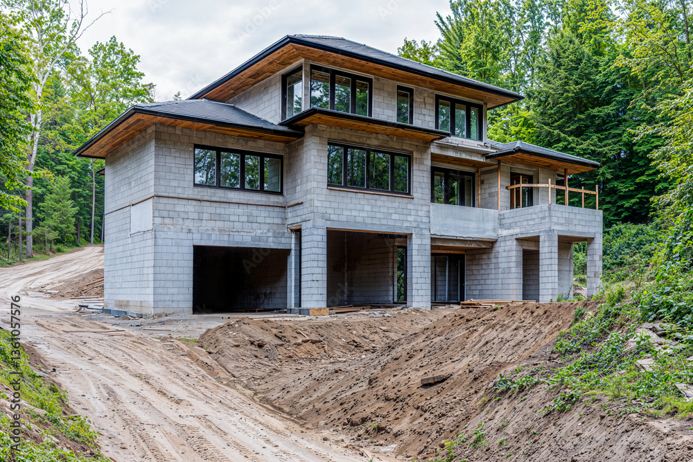A new construction multi story home in the forest woods, building site, housing development, real estate A new construction multi story home in the forest woods, building site, housing development, real estate