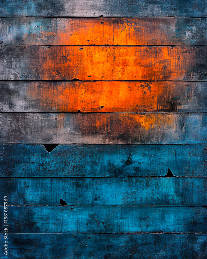 Naklejka premium A striking composition of worn wooden planks, showcasing dramatic contrasts of orange, blue, and gray hues, evoking a sense of depth and rustic charm.