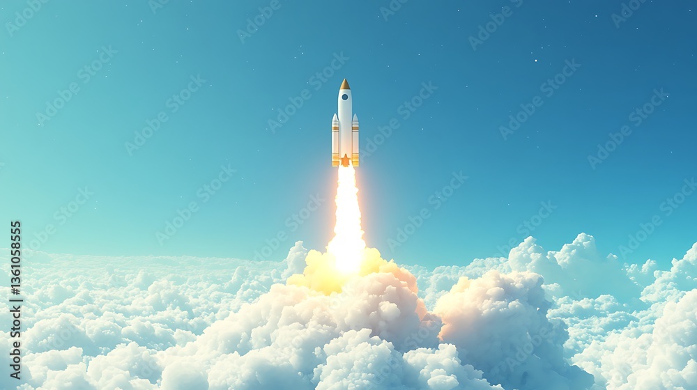 Naklejka premium Rocket Launching into Clear Blue Sky, A rocket launching into a clear blue sky, surrounded by fluffy clouds