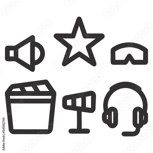 Minimalist Film and Media Icon Collection – Headphones, Clapperboard, Microphone, Star, Speaker, 3D Glasses Line Glyph Vector Set photo