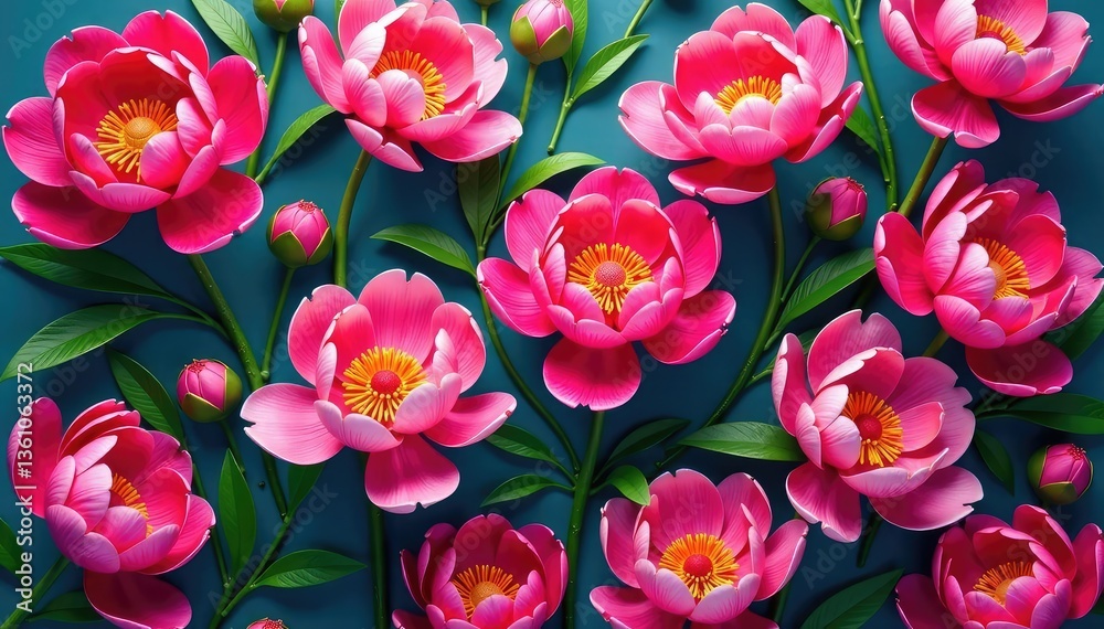 Fototapeta premium Bold, densely packed peonies in vibrant hues form a lush, repeating floral pattern , vibrant, repeating, garden
