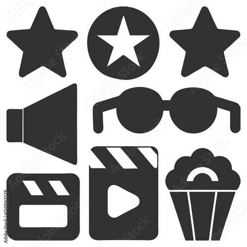 Movie and Cinema Vector Icon Pack – Star, Megaphone, Popcorn, Clapperboard, Sunglasses, and Play Button for Film and Entertainment Design