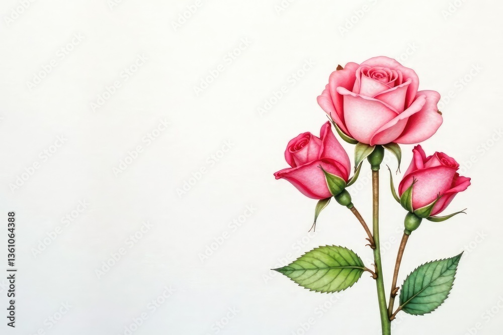 Delicate watercolor rosebuds in soft pastel hues on white , spring, vintage Delicate watercolor rosebuds in soft pastel hues on white , spring, vintage