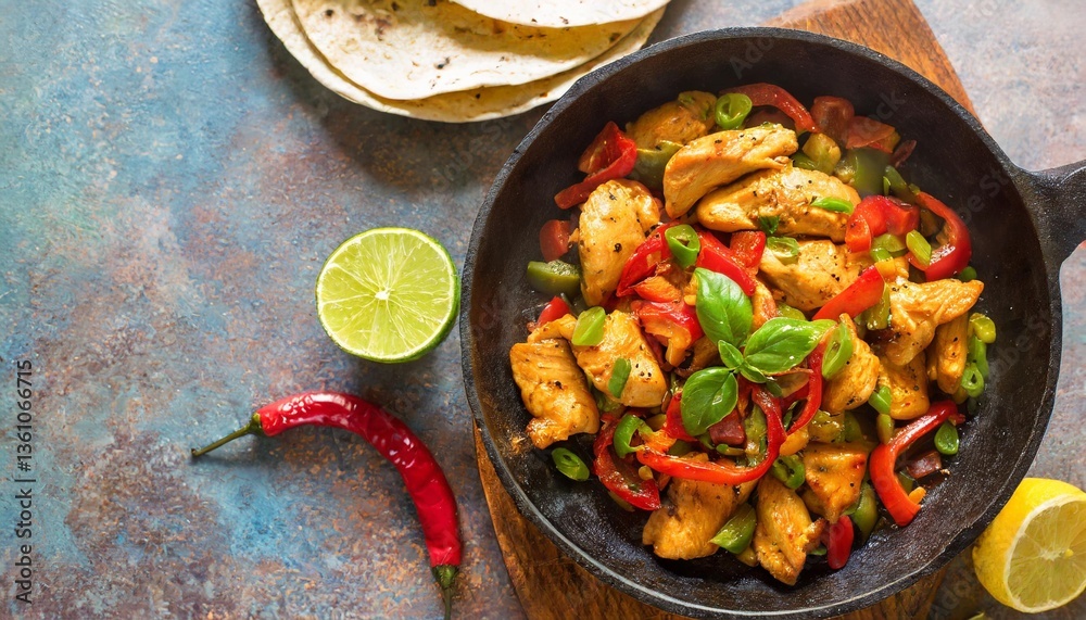 Spicy Chicken Fajitas with Bell Peppers Captured Top-Down on Sizzling Skillet in Vibrant Mexican Evening Scene Spicy Chicken Fajitas with Bell Peppers Captured Top-Down on Sizzling Skillet in Vibrant Mexican Evening Scene