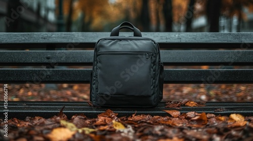 Black backpack sits on park bench amidst autumn leaves.