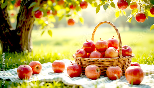 Fresh apples placed on a gingham picnic and basket, with blurry green field of grass background.