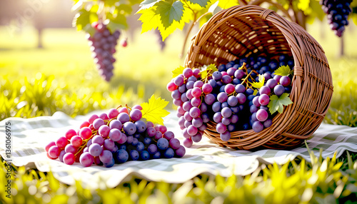 Fresh grapes placed on a gingham picnic and basket, with blurry green field of grass background.