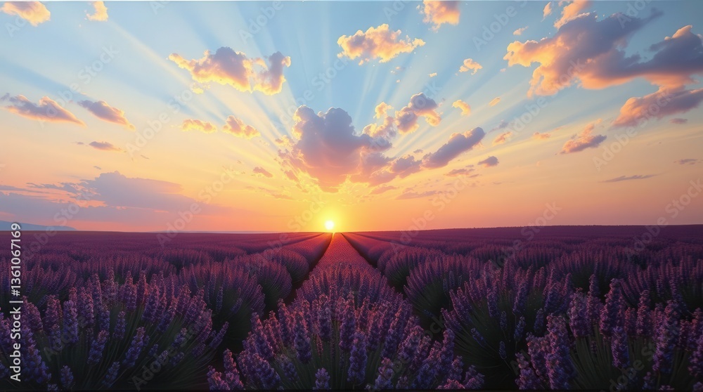 Obraz premium Vast Lavender Fields in Golden Sunset – Stunning 8K Photorealistic Landscape, lavender fields, sunset glow, purple flowers, peaceful countryside, dreamy nature, cinematic scenery, photorealistic vie 