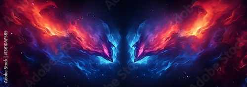 Red and blue flames on a black background, with smoke and a purple color.