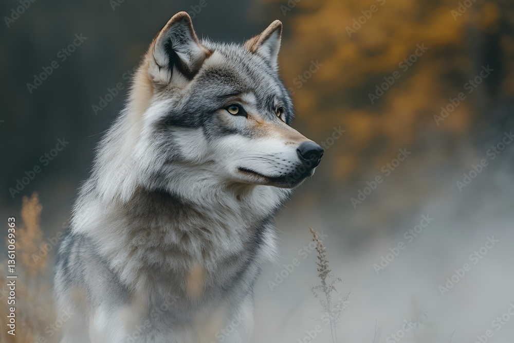 Obraz premium Majestic wolf in autumn forest fog, wildlife photography for nature documentaries