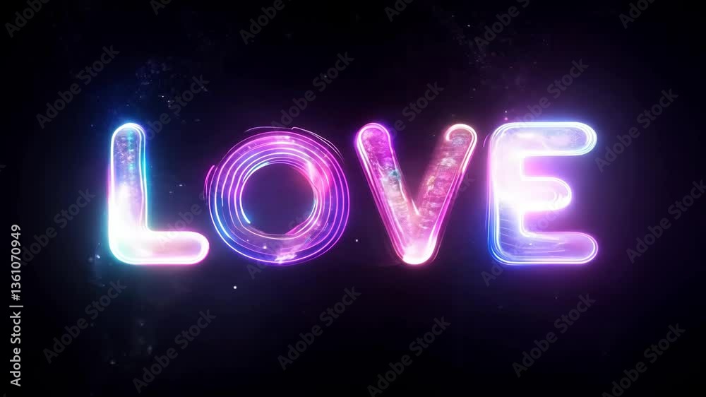 Glowing multicolor love text with a neon effect and soft shimmer in a dark background