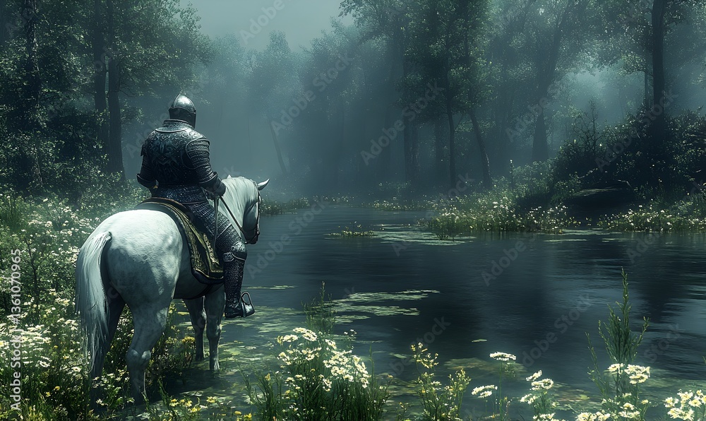 Fototapeta premium Knight, horse, river, misty forest, fantasy landscape, game art