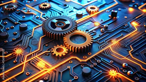 Intricate blue and orange glowing electronic circuit board with interlocking gears, showcasing advanced mechanical components, electricity powered devices, smart devices