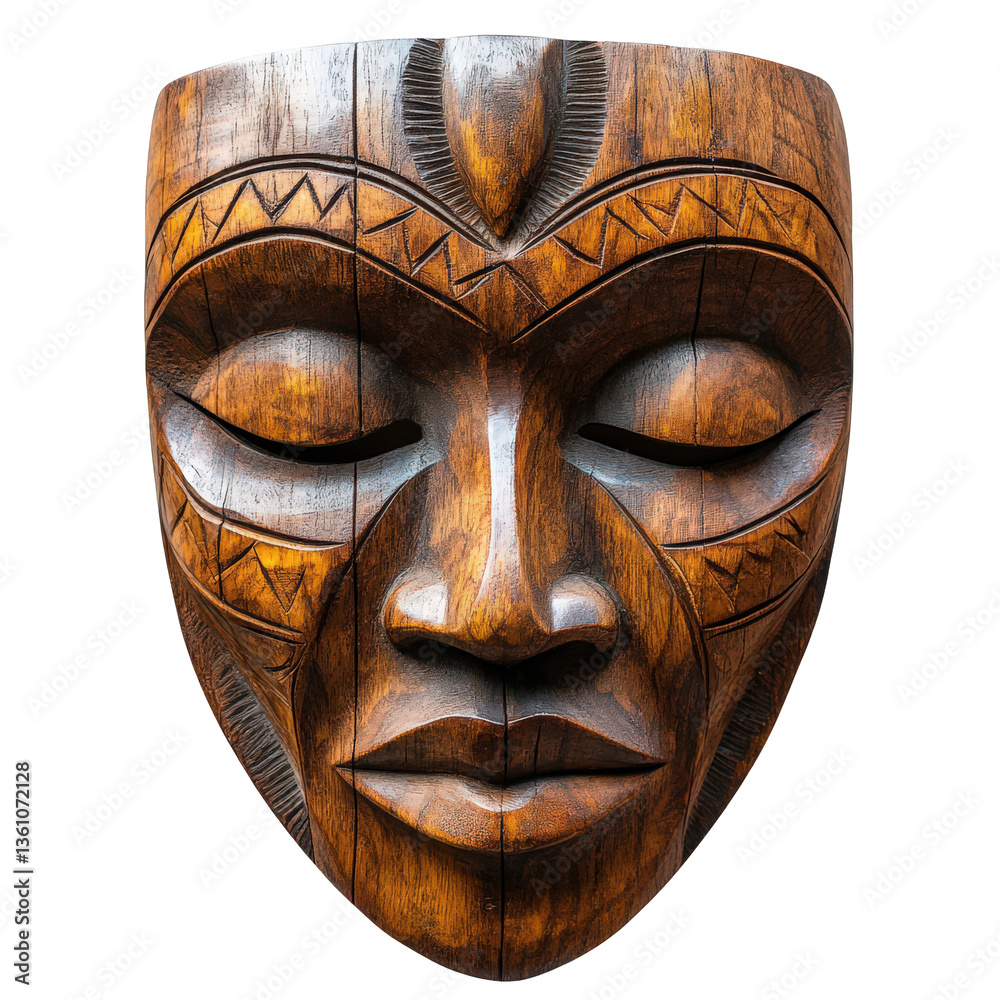 Intricate handcrafted wooden mask with symbolic facial engravings art