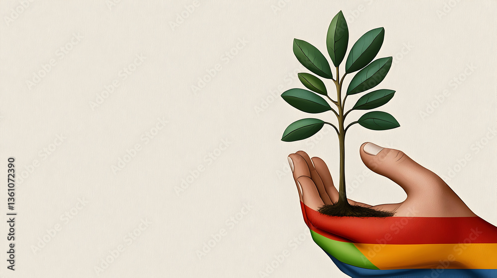 Obraz premium hand painted with vibrant rainbow colors gently holds small tree, symbolizing growth, care, and environmental harmony