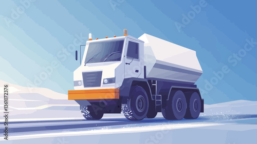 A digital illustration depicting a white tank truck driving on a snowy road. The truck is large, with a white cab and a large white tank trailer. The road is covered in snow, and the background is