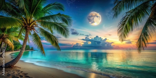 beach at sunset with calm turquoise water under a full moon shining brightly on the ocean surface and palm trees swaying gently in the breeze, peaceful, tropical