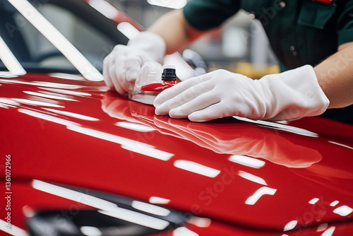 Close-up of gloved hands meticulously applying car detailing sealant on red car surface