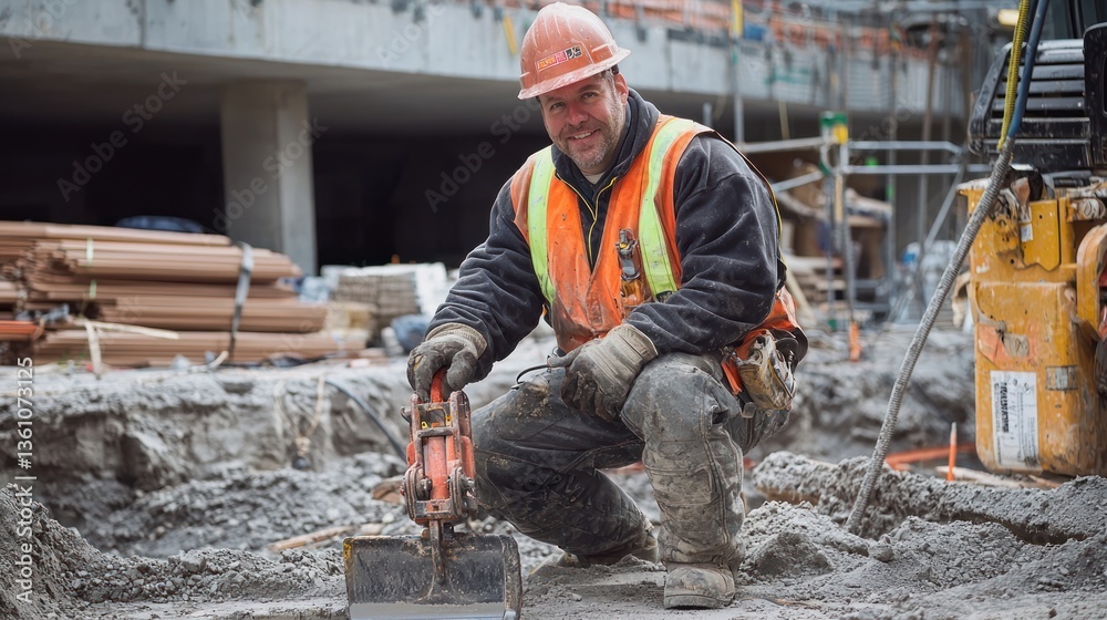 A jackhammer operator in full safety gear at a job site