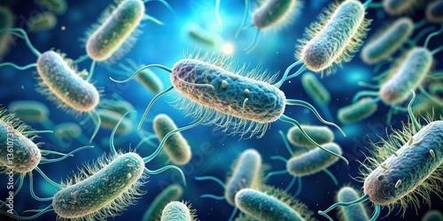 Pseudomonas aeruginosa bacteria with flagella forming a biofilm on a surface, microbial community, Pseudomonas aeruginosa