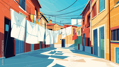 A digital illustration depicting a narrow alleyway between colorful buildings.  The buildings are primarily orange and red hues.  White laundry is hung out to dry on clotheslines strung across the