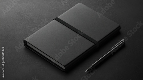 Black notebook and pen on dark surface.