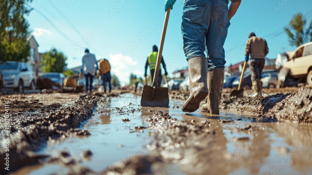 People working on cleaning up the street. Aftermath of flood disaster. Global climate change. People working on cleaning up the street. Aftermath of flood disaster. Global climate change.