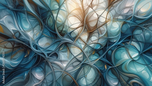 Abstract Neuron Art: An intricate, digital artwork of swirling neurons in shades of teal, blue, and gold, creating a captivating visual journey.