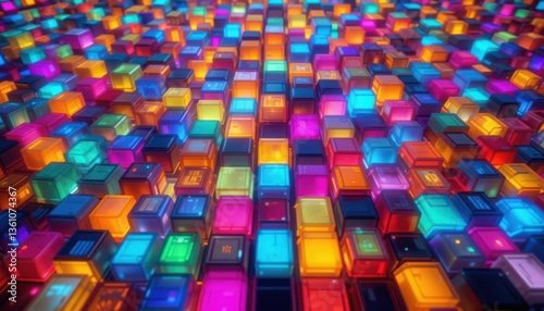 Chromatic Cubes: A mesmerizing array of glowing, multicolored cubes filling the frame, creating a vibrant and dynamic composition that is both futuristic and aesthetically captivating.