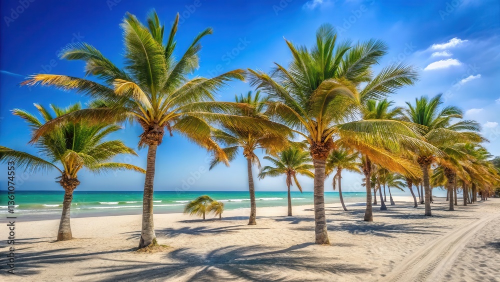 Fototapeta premium Beach scene with palm trees swaying in the breeze on a sunny day at Djerba Island Tunisia, white sand, relaxation