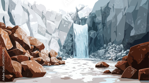 Digital illustration depicting a landscape featuring a waterfall cascading down a steep, rocky mountain face. The rocks are predominantly brown and reddish-brown in the foreground, transitioning to