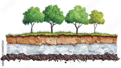 Digital watercolor illustration depicting a cutaway view of soil layers. The image showcases four stylized trees on a grassy surface, with the soil profile clearly visible below, revealing distinct