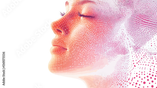 Close-up profile view of a woman's face, eyes closed, appearing serene and peaceful.  A translucent overlay of abstract data points and lines in warm pink and orange hues is superimposed over the