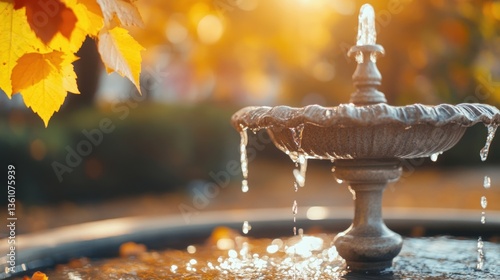 Soft evening light reflects off a decorative fountain as water trickles gently; nearby foliage has vibrant autumn leaves