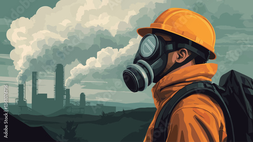 The illustration depicts a profile view of a worker wearing a respirator and hard hat, facing away from the viewer towards a landscape dominated by a dark industrial plant emitting thick plumes of