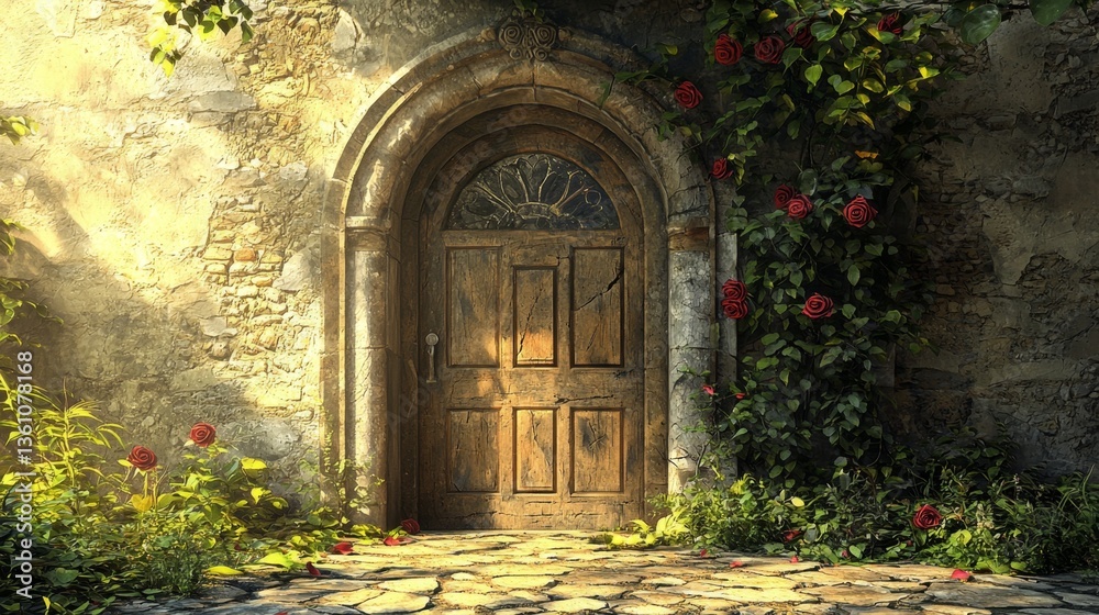 Fototapeta premium Rustic Wooden Door Framed by Roses and Green Vines in an Old Stone Wall Bathed in Warm Natural Light