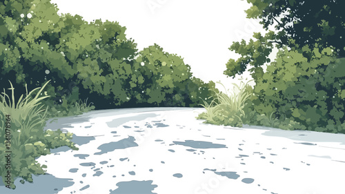 Digital painting depicting a light-colored dirt road or path winding through a dense area of lush green trees and vegetation. The path is mostly in shadow, with dappled sunlight visible in patches
