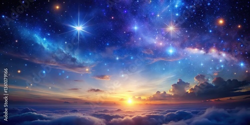 A celestial expanse filled with shimmering, iridescent mist and twinkling stars against a deep indigo sky at dusk , nebular