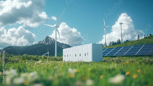 Wind Battery energy storage system with wind turbines and solar panels. green energy concept, 8k  