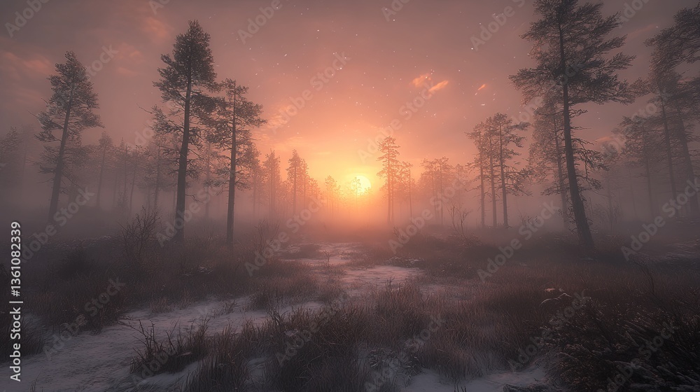 Sunrise over a misty forest landscape with silhouetted trees and warm hues in the sky Sunrise over a misty forest landscape with silhouetted trees and warm hues in the sky
