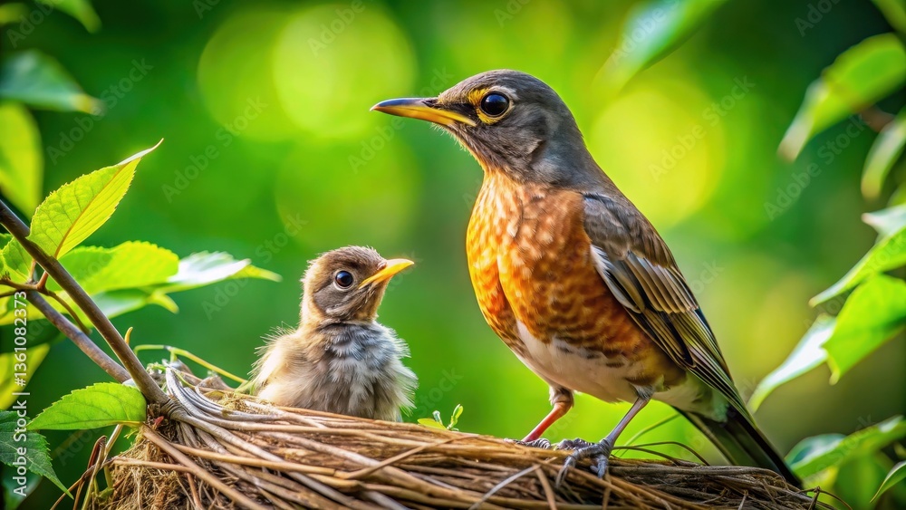 Obraz premium Bird Mother Protecting Chick in Nest