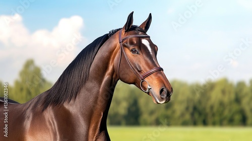 Majestic Brown Horse Portrait in Grassy Field Under Blue Sky