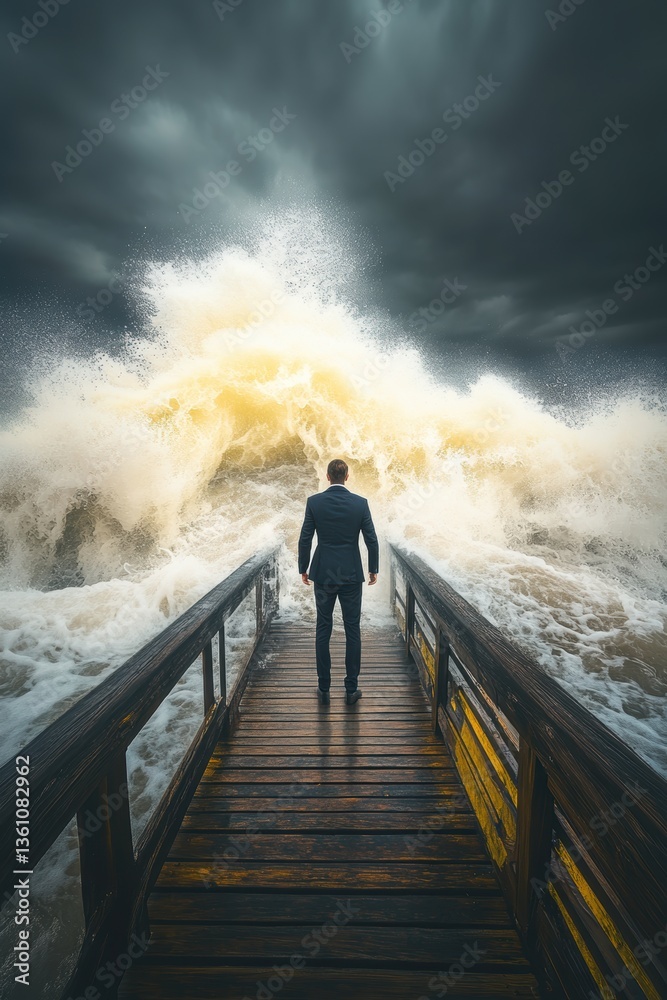 Obraz premium A person standing in front of giant sea tide wave. Water splashes. Dangerous. In a hurricane storm.