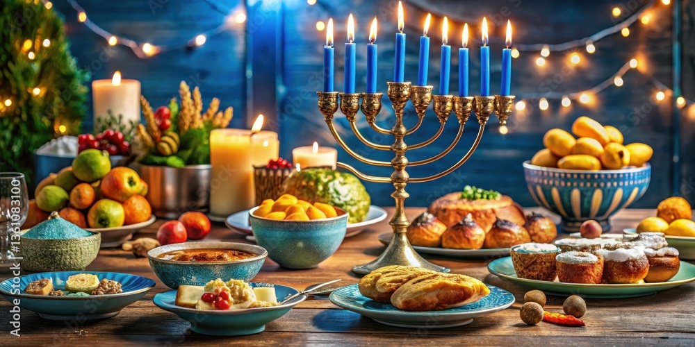 custom made wallpaper toronto digitalColorful Hanukkah dinner table with traditional food and festive decorations, gelt, dinner table