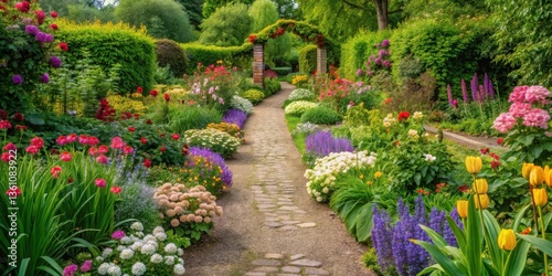 Fototapeta Naklejka Na Ścianę i Meble -  Serpentine garden pathway amidst blooming flowers and foliage, countryside views