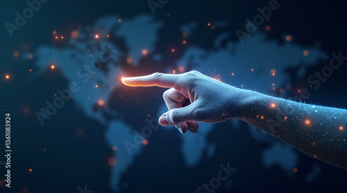 Global Connectivity at Fingertips: A hand reaches out, illuminating a point on a digital world map, symbolizing connection and global reach