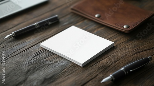 Blank square notepad mockup on rustic wooden desk with pens and wallet.