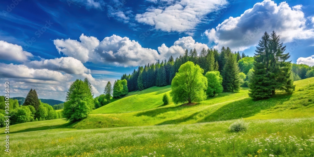 Fototapeta premium Rolling green hillside with tall trees and wildflowers under a bright blue sky with few white clouds , flower, tree, flower