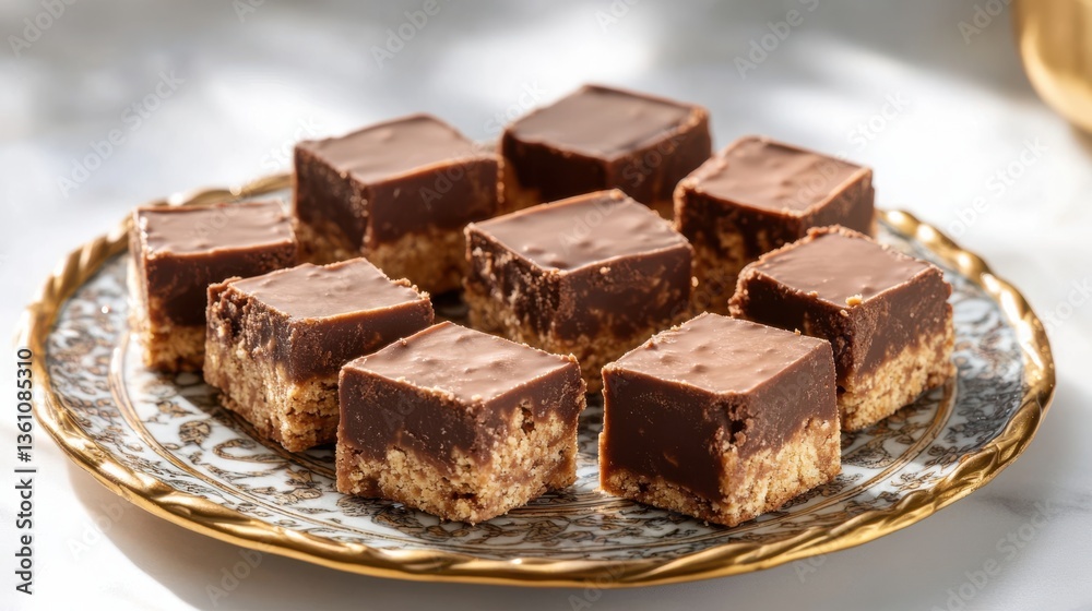 Delicious Chocolate Squares on Elegant Plate Set on Wooden Table Delicious Chocolate Squares on Elegant Plate Set on Wooden Table