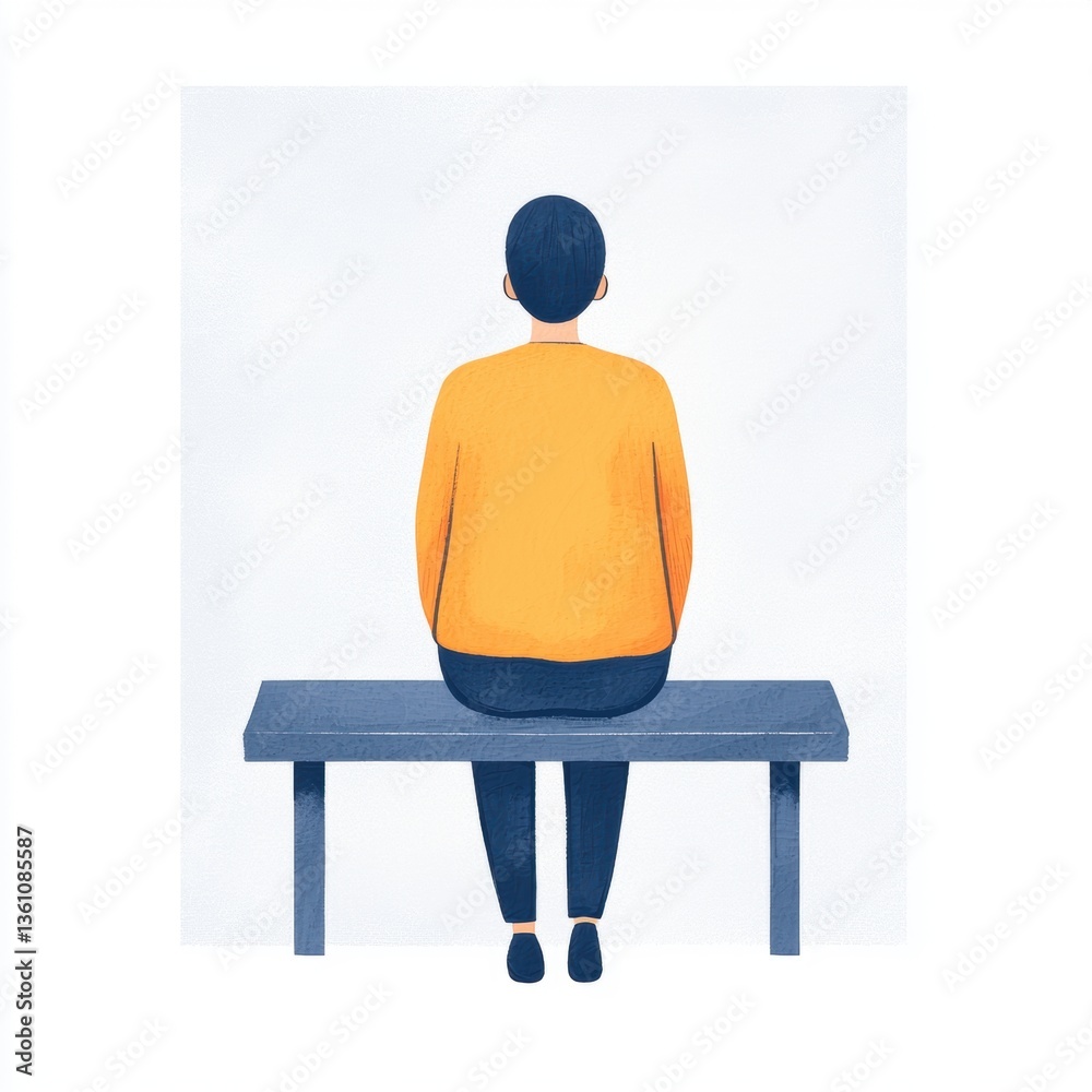 Fototapeta premium A solitary figure in an orange sweater sits on a bench, gazing into the distance against a light blue background, evoking feelings of contemplation and solitude.